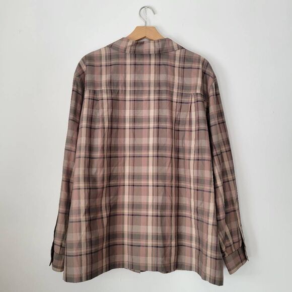 Evan Picone 100% Silk Button Front Plaid Shirt Top 16W Green Pink Long Sleeve Po - Picture 2 of 5